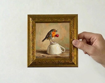 Funny Robin Bird Oil Painting, Small Framed Canvas, Original Hand Painted Wall Art