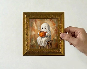 Ghost Drinking from Pumpkin Mug Oil Painting Spooky Ghost Miniature Framed Canvas