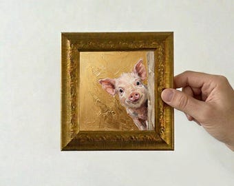 Peeking Pig Oil Painting, Mini Framed Canvas, Original Hand Painted Wall Art