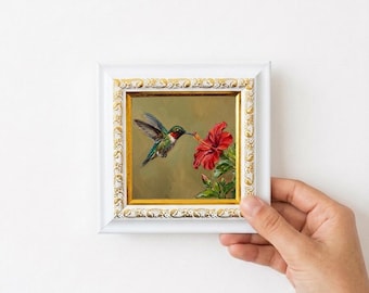 Hummingbird Oil Painting, Mini Framed Canvas, Original Hand Painted Wall Art