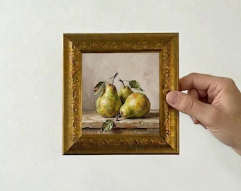 Pear Oil Painting, Mini Framed Canvas, Original Hand Painted Wall Art