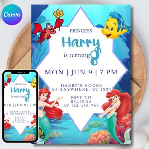 Editable Mermaid Birthday Invitation, Under the Sea Party, Canva Template Digital Download