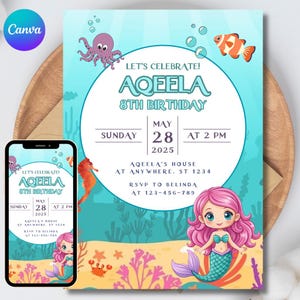 Editable Mermaid Birthday Invitation, Canva Template Underwater Party Digital Download