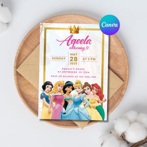 Princess Party Birthday Invitation for Girls, Editable Canva Template, Princess Theme, Instant Digital Download, Printable Party Invitation
