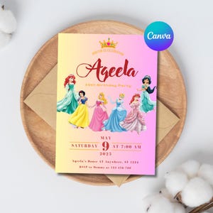 Pink and Gold Princess Party Invite for Girls, Editable Birthday Invitation Canva Template, Instant Download, Printable Digital Evite