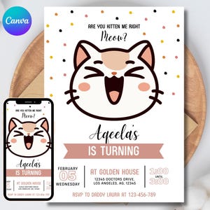 Bearbeitbare Katzen-Geburtstagseinladung für Kinder, süße Miau-Themaparty, Kätzchen druckbare Vorlage, digitale Evite, Sofort-Download