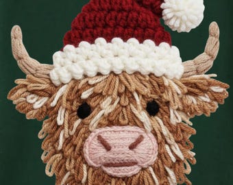Latch Hook Yarn Crochet Christmas Highland Cow PNG, Yarn Crochet Merry Christmas Png,Winter Holiday Animal, Santa Claus Png, Digital Downloa