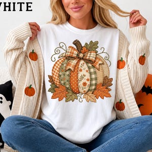 Herbstliches T-Shirt mit Kürbis-Patchwork-Muster, Comfort Colors Herbst-Thanksgiving-Shirt, Damen-Pullover mit Rundhalsausschnitt, süßes Geschenk, kariertes Kürbis-T-Shirt