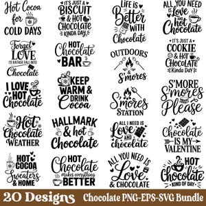 Puede incluir: Un conjunto de 20 diseños en blanco y negro con textos sobre chocolate caliente, cacao y s'mores. Incluye frases como "Hot Cocoa for Cold Days" y "Chocolate is my Valentine."