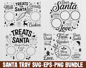 May include: A black and white Christmas-themed design with text and illustrations. The design includes phrases like "Treats for Santa," "Dear Santa," and "Merry Christmas." It features carrots, cookies, and reindeer.