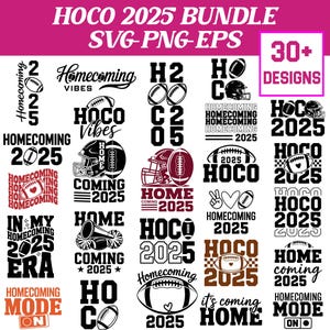 May include: A collection of over 30 designs for Homecoming 2025, featuring footballs, helmets, and text. The designs are in black and white, with accents of burgundy and pink. The text includes "Homecoming," "HOCO," and "Coming 2025."