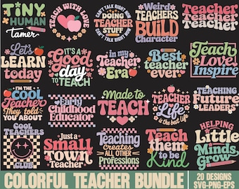 May include: A collection of 20 colorful teacher-themed designs. The designs feature various phrases and graphics, including apples, pencils, hearts, and the words "Teach," "Learn," and "Inspire." The designs are in a retro, groovy style, perfect for teachers.