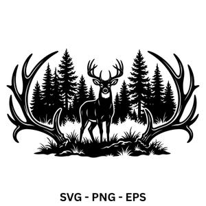 Puede incluir: Una ilustración gráfica en blanco y negro que presenta un ciervo central de pie en un bosque de pinos. La escena está enmarcada por dos grandes astas de ciervo simétricas que se curvan hacia afuera, sobre un fondo blanco limpio.
