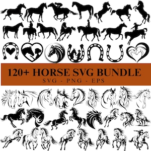 Könnte beinhalten: Eine Sammlung schwarzer Pferdesilhouetten in verschiedenen Posen, darunter rennend, steigend und mit Reitern. Das Bild zeigt auch Hufeisen- und Herzmotive sowie den Text "120+ HORSE SVG BUNDLE".