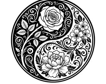 May include: Black and white Yin Yang design featuring floral elements. A rose and peony are on opposite sides, with cherry blossoms and leaves. The design is circular with the text "SVG - PNG - EPS" at the bottom.