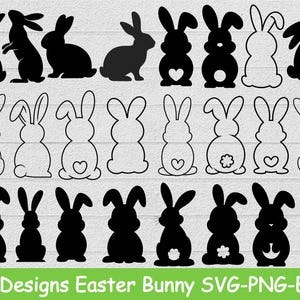 Könnte beinhalten: Eine Sammlung von 27 Osterhasen-Designs in Schwarz und Weiß. Die Hasen sind in verschiedenen Posen und Stilen dargestellt, darunter Silhouetten und Umrisse. Der Text "27 Designs Easter Bunny SVG-PNG-EPS" befindet sich unten.