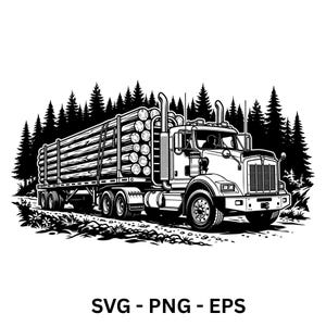 Könnte beinhalten: Eine schwarz-weiße grafische Illustration eines Sattelzugs, der einen mit gestapelten Baumstämmen beladenen Anhänger zieht. Das Fahrzeug befindet sich vor einem dichten Kiefernwald. Der Text SVG - PNG - EPS steht unten im Bild.