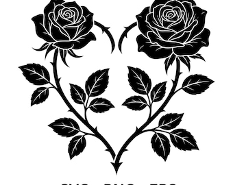 May include: Black and white rose illustration forming a heart shape. Two detailed roses are connected by thorny stems and leaves. The text "SVG - PNG - EPS" is at the bottom.