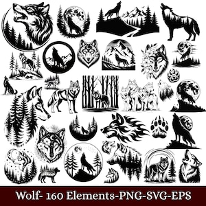 May include: A collection of black and white wolf illustrations in various poses and styles. The designs include wolves howling at the moon, standing in forests, and detailed head portraits. The text "Wolf- 160 Elements-PNG-SVG-EPS" is at the bottom.