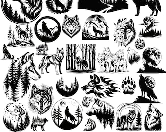 Wolf svg files, Howling wolf svg, Wolf and moon svg, Forest animals silhouette svg, Instant Digital Download