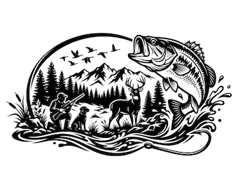 May include: A black and white graphic illustration featuring a leaping bass fish, a hunter with a dog, a deer, and mountains in the background. The design includes water ripples, cattails, and flying birds, with the text SVG - PNG - EPS at the bottom.