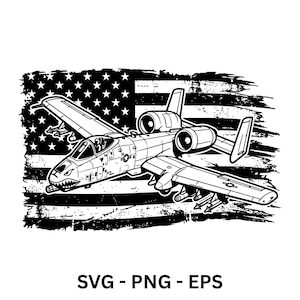 Puede incluir: Ilustración en blanco y negro de un avión militar A-10 Thunderbolt II, sobre un fondo de bandera americana desgastada. El avión presenta detalles de diseño, incluyendo una boca de tiburón amenazante. El texto "SVG - PNG - EPS" está en la parte inferior.