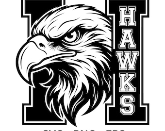 May include: Black and white graphic of an eagle's head with the word "HAWKS" in a block letter style. The eagle is facing left with a stern expression. Below the design are the letters "SVG - PNG - EPS".