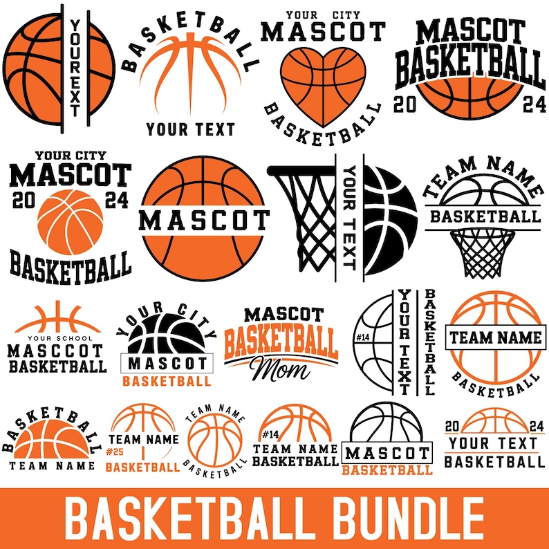 Peut inclure: Ensemble de graphiques sur le th&egrave;me du basketball en orange et noir. Les motifs comprennent des ballons de basket, des paniers et des &eacute;l&eacute;ments textuels tels que "Mascot", "Team Name" et "Basketball Bundle".