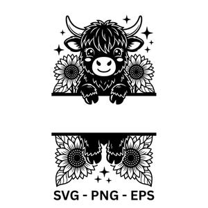 Puede incluir: Gráfico en blanco y negro de una vaca de las Tierras Altas con girasoles y estrellas. La vaca está sonriendo y sosteniendo un letrero. El texto "SVG - PNG - EPS" está en la parte inferior.