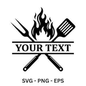 May include: Black and white graphic of a barbecue design. The design includes a flame, a fork, and a spatula, with the text "YOUR TEXT" in a horizontal rectangle. Below the text are the words "SVG - PNG - EPS".