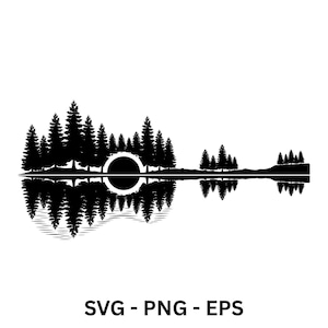 May include: A black and white illustration of a guitar shape, featuring a forest scene reflected in water. The design includes a circular sound hole and the text "SVG - PNG - EPS" at the bottom.