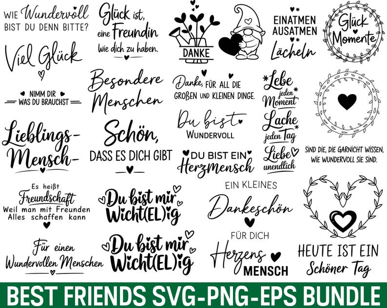 May include: A collection of black and white text designs with phrases like "Best Friends" and "Thank You", along with heart and floral graphics. The words are in a variety of fonts and styles, perfect for crafting projects.