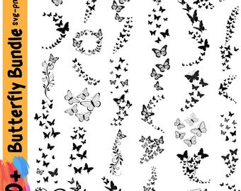 May include: A collection of black and white butterfly designs in various arrangements. The designs include butterflies in flight, heart shapes, and floral elements. The text "Butterfly Bundle" and "40+" are visible on the left side of the image.