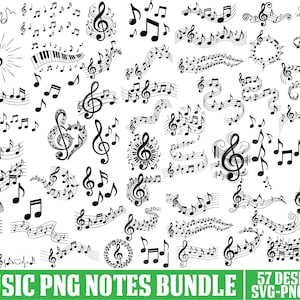 Puede incluir: Una colección de notas y símbolos musicales en blanco y negro, incluyendo claves de sol, corcheas y pentagramas. La imagen también incluye el texto "MUSIC PNG NOTES BUNDLE" y "57 DESIGNS SVG-PNG-EPS" en verde y blanco.