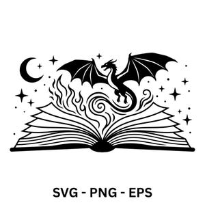 Fjärde vingen drake som reser sig från en bok svg, bokälskare present, fantasikonst, boklig dekor, skjortdesign, drakesilhuett, läsande drake svg