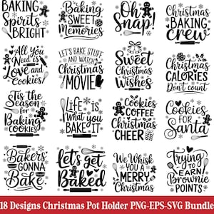 Może przedstawiać: Zestaw 18 świątecznych wzorów na podkładki pod garnki, z świątecznymi hasłami takimi jak "Baking Spirits Bright" i "Cookies for Santa". Wzory obejmują piernikowych ludzików, płatki śniegu i narzędzia do pieczenia.
