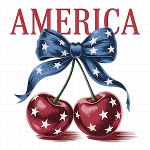 Puede incluir: Dos cerezas rojas con estrellas blancas sobre ellas, atadas con una cinta azul con estrellas blancas. La cinta está atada en un lazo y el texto "AMERICA" está por encima de las cerezas.