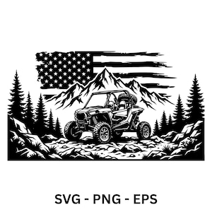 May include: Black and white illustration of an off-road vehicle with an American flag background, mountains, and trees. The image includes the text "SVG - PNG - EPS".