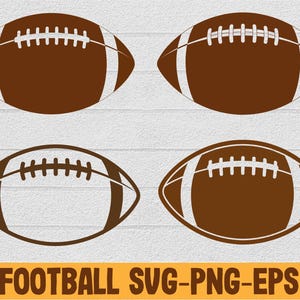 Peut inclure: Quatre ballons de football américains bruns avec des rayures et des lacets blancs sont présentés sur un fond blanc. Les ballons de football sont de styles différents, avec des motifs pleins et soulignés. Le bas de l'image contient le texte "FOOTBALL SVG-PNG-EPS" en marron.