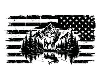 May include: Black and white illustration of an elk in front of a mountain range and trees, with a reflection in the water. The background is a distressed American flag. The text "SVG - PNG - EPS" is at the bottom.