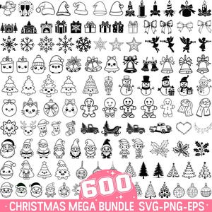 600 クリスマス SVG、クリスマス SVG バンドル、クリスマス サイン SVG、クリスマス オーナメント SVG、クリスマス エレメント SVG PNG EPS カット ファイル Cricut