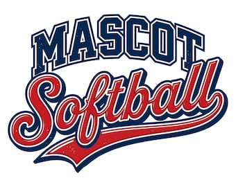 May include: A graphic design featuring the word MASCOT in bold dark blue block letters arched above the word Softball in a red cursive script with a dark blue outline and a swooping underline. The text SVG - PNG - EPS appears below.