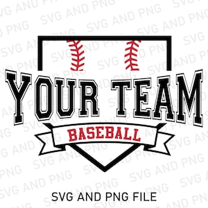 May include: Black and white baseball team logo with a red baseball and the text "YOUR TEAM BASEBALL".