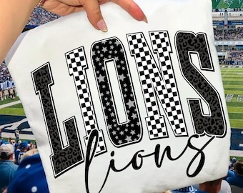 Lions PNG, Retro Lions Checkerboard Leopard Star Letters, School Spirit Game Day Sublimation Design, Varsity Football DTF Digital Down