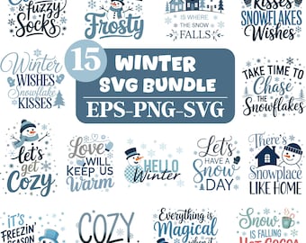 May include: A winter-themed SVG bundle with 15 designs. The designs feature snowflakes, snowmen, and phrases like "Hot Cocoa & Fuzzy Socks," "Let's Get Cozy," and "Winter Wishes." The color palette includes shades of blue and white.