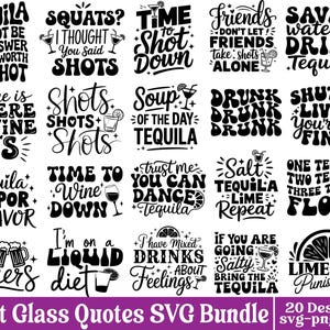 Peut inclure: Un ensemble de 20 citations de verres à shot en noir et blanc dans un pack SVG. Les citations incluent des phrases comme "Tequila may not be the answer but it's worth the shot" et "Lime and Punishment."