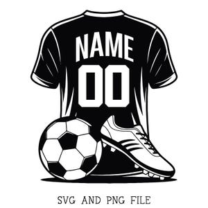 May include: Black and white graphic of a soccer jersey with the word "NAME" and the number "00" on the back. A soccer ball and a soccer cleat are positioned in front of the jersey. The text "SVG AND PNG FILE" is at the bottom.