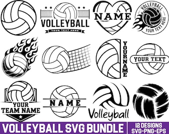 May include: A collection of 12 black and white volleyball-themed SVG designs. The designs include volleyballs, nets, flames, and text elements such as "VOLLEYBALL", "NAME", and "YOUR TEXT HERE". The bottom of the image reads "VOLLEYBALL SVG BUNDLE".