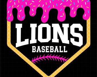 May include: A pink and white baseball logo with the word "LIONS" in white text and the words "BASEBALL" in white text below. The logo is in the shape of a baseball diamond with a waffle-like texture and a pink icing design at the top.