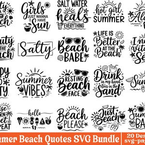 Könnte beinhalten: Eine Sammlung von 20 schwarz-weißen Sommer-Strand-Zitaten in einem SVG-Bundle. Die Zitate enthalten Sätze wie "Salty as a Beach", "Girls Just Wanna Have Sun" und "Beach Babe".